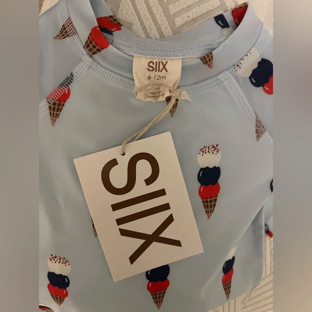 NWT SIIX Spearmint Love Ice Cream Patriotic Rash Guard Swim Trunks Set UPF 50+